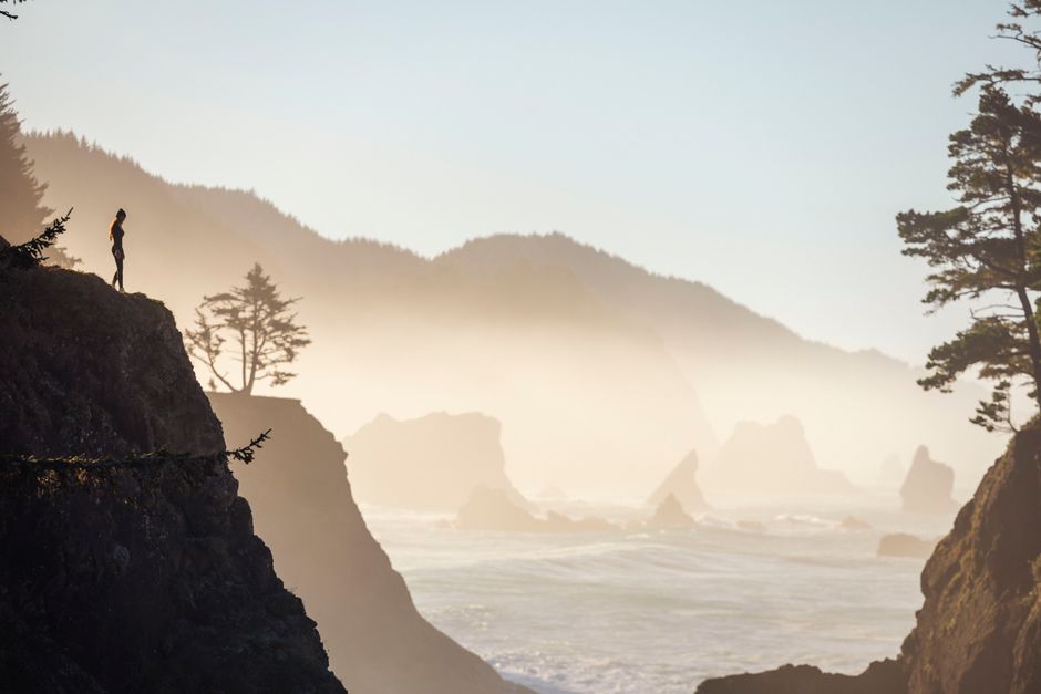 A lone figure stands on misty cliffs overlooking the ocean.