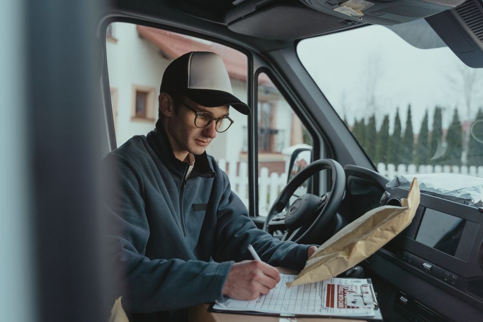 Courier driver writing delivery information in van, ensuring accurate package dispatch.
