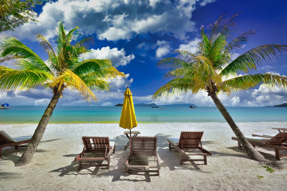 Peaceful tropical beach with palm trees and lounge chairs in Koh Rong, Cambodia.