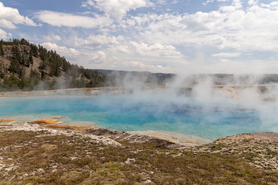 A breathtaking view of a steaming hot spring surrounded by nature in Yellowstone National Park.